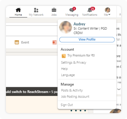 User clicking the Me icon in the top navigation menu and selecting Settings & Privacy from the dropdown options.
