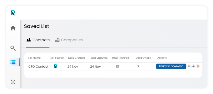 Captured prospect records displayed in the ReachStream dashboard, ready for email verification and download for outreach campaigns.