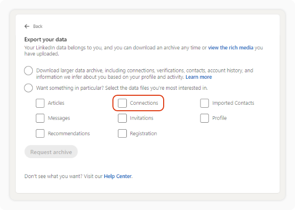 User selecting the Connections option to export available details including names, companies, and shared email addresses.